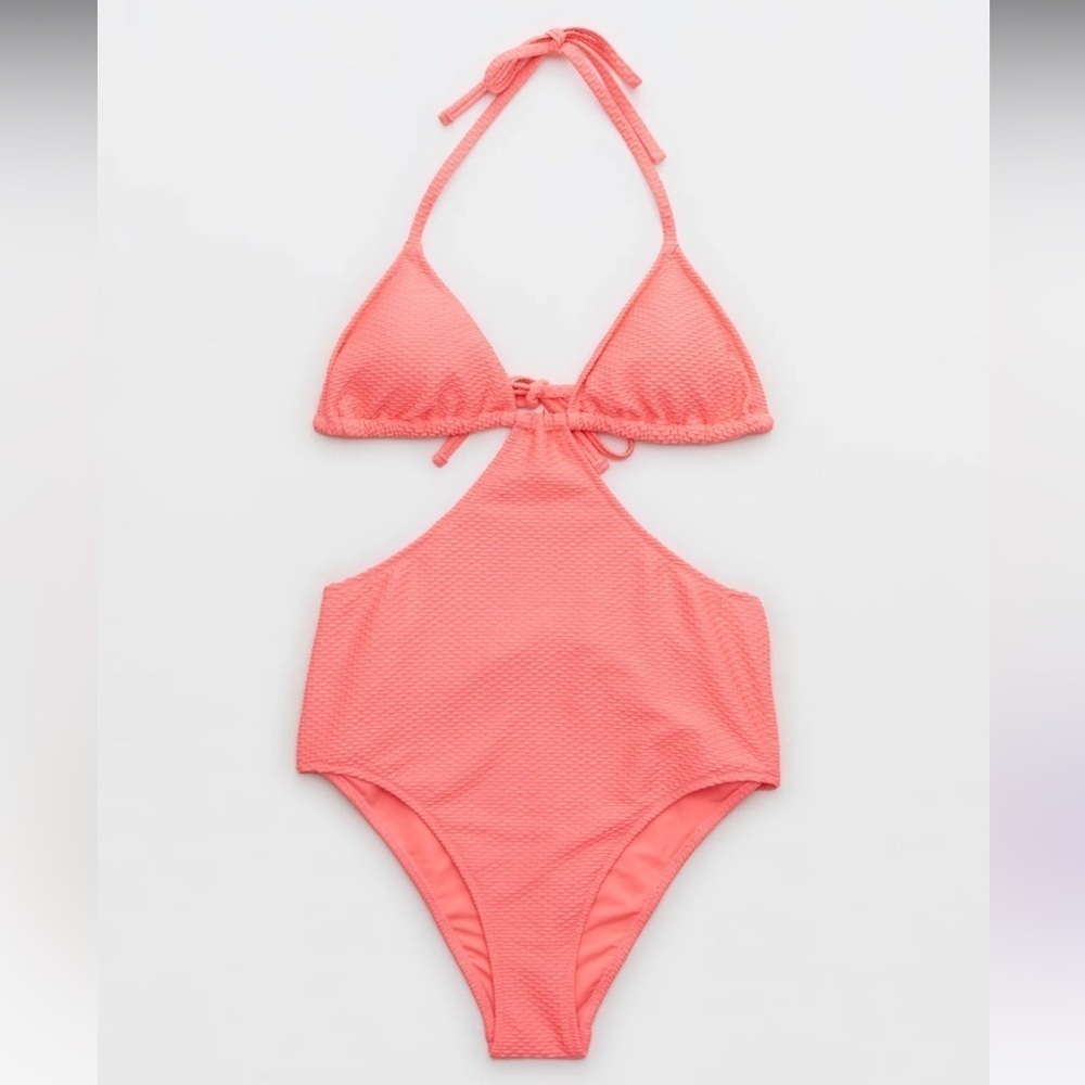 Aerie Jacquard Cut Out String One Piece Swimsuit NWT Coral Sun - Picture 6 of 11